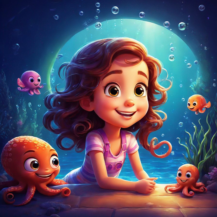 girl, swimming, talking to smiling octopus