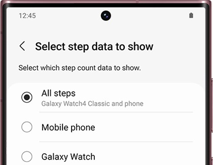 List of options for Select step data to show in the Samsung Health app