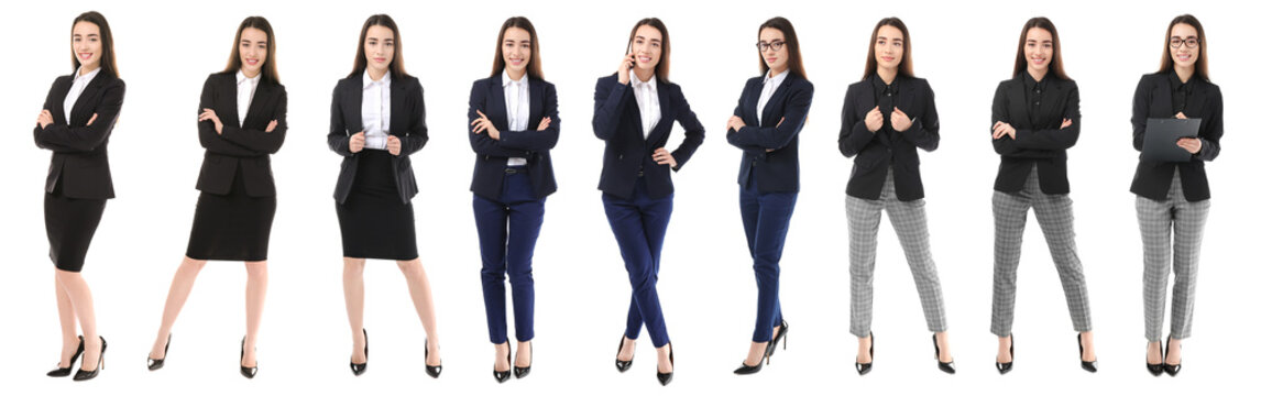 Set with young woman in stylish suits on white background - Image of Fashion and Style, A collage of