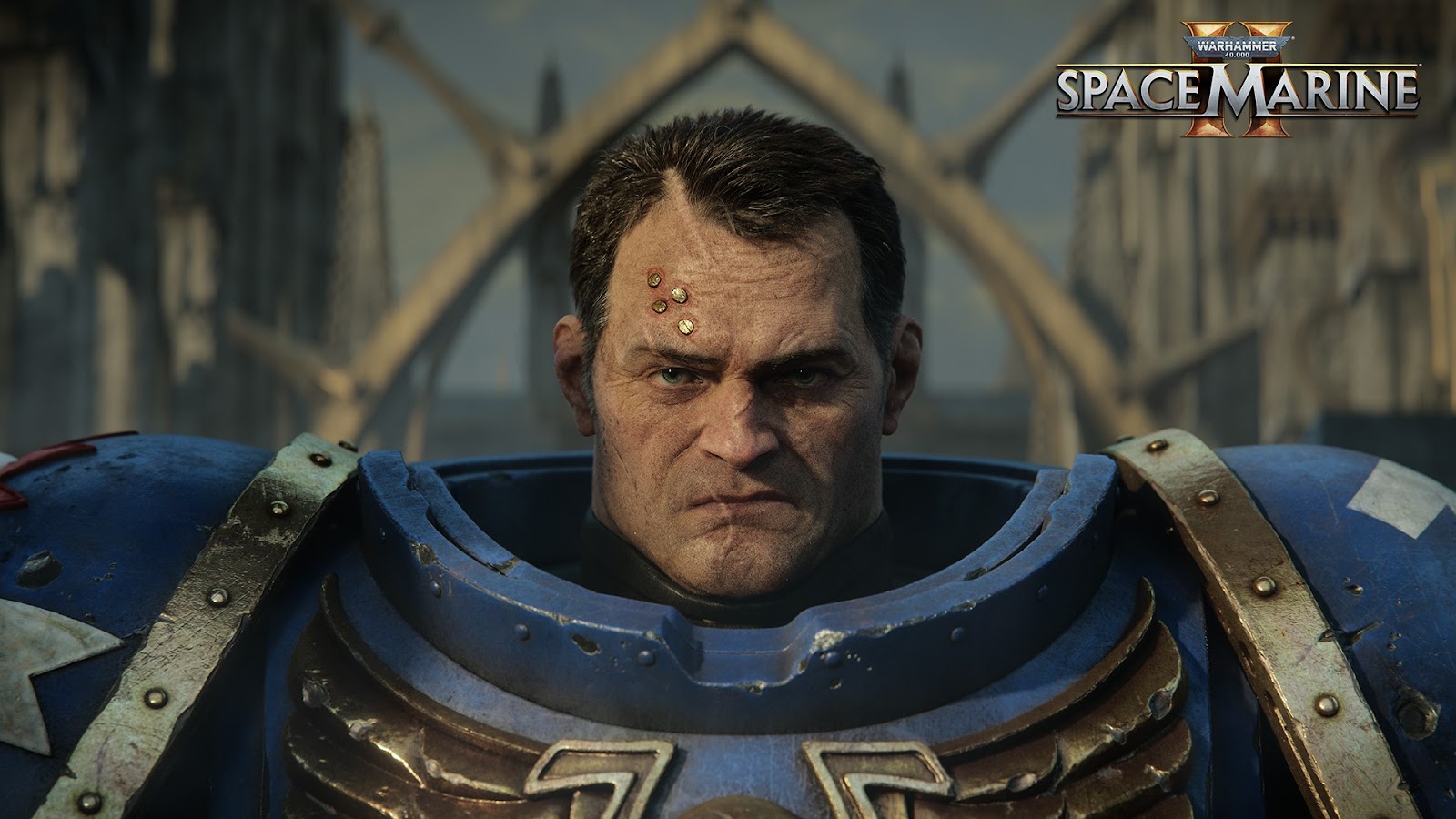 Promotional artwork of Lieutenant Titus from Warhammer 40,000: Space Marine 2. 