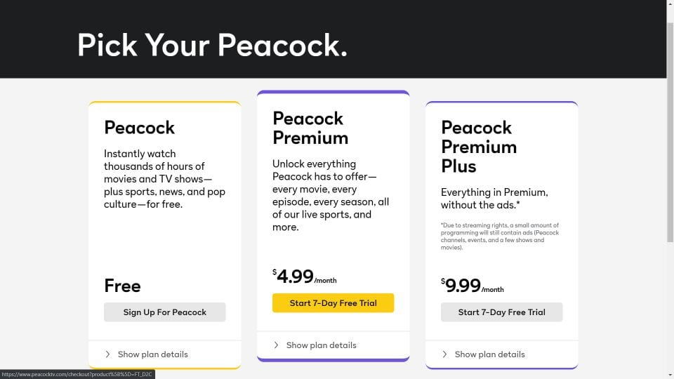 Captura de pantalla de la página de planes de Peacock