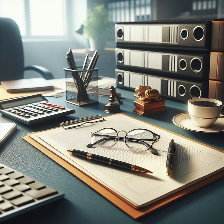 Glasses, binders, and papers on an attorney's desk.