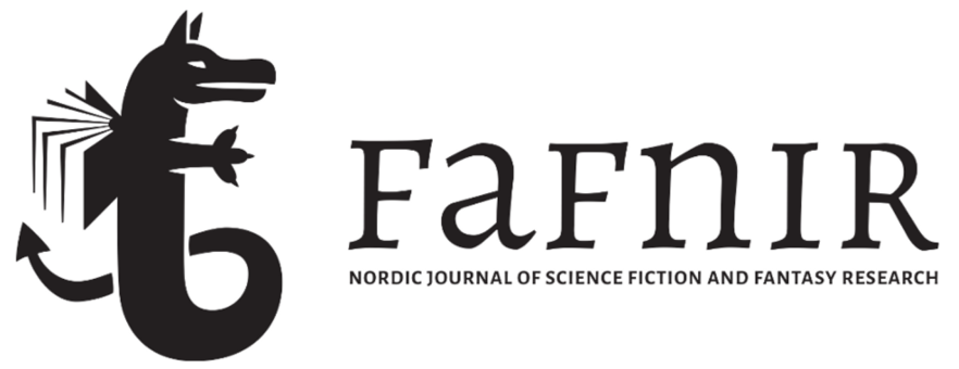 A logo for the Fafnir journal, which is a black dragon with an open book instead of wings. Next to the black dragon are the words: Nordic Journal of Science Fiction and Fantasy Research
