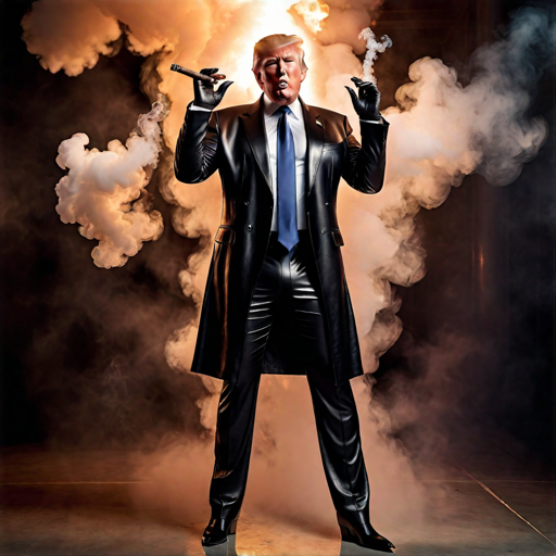 Hypnotic Donald wearing black leather trenchcoat suit smoking cigar hypnotizing public