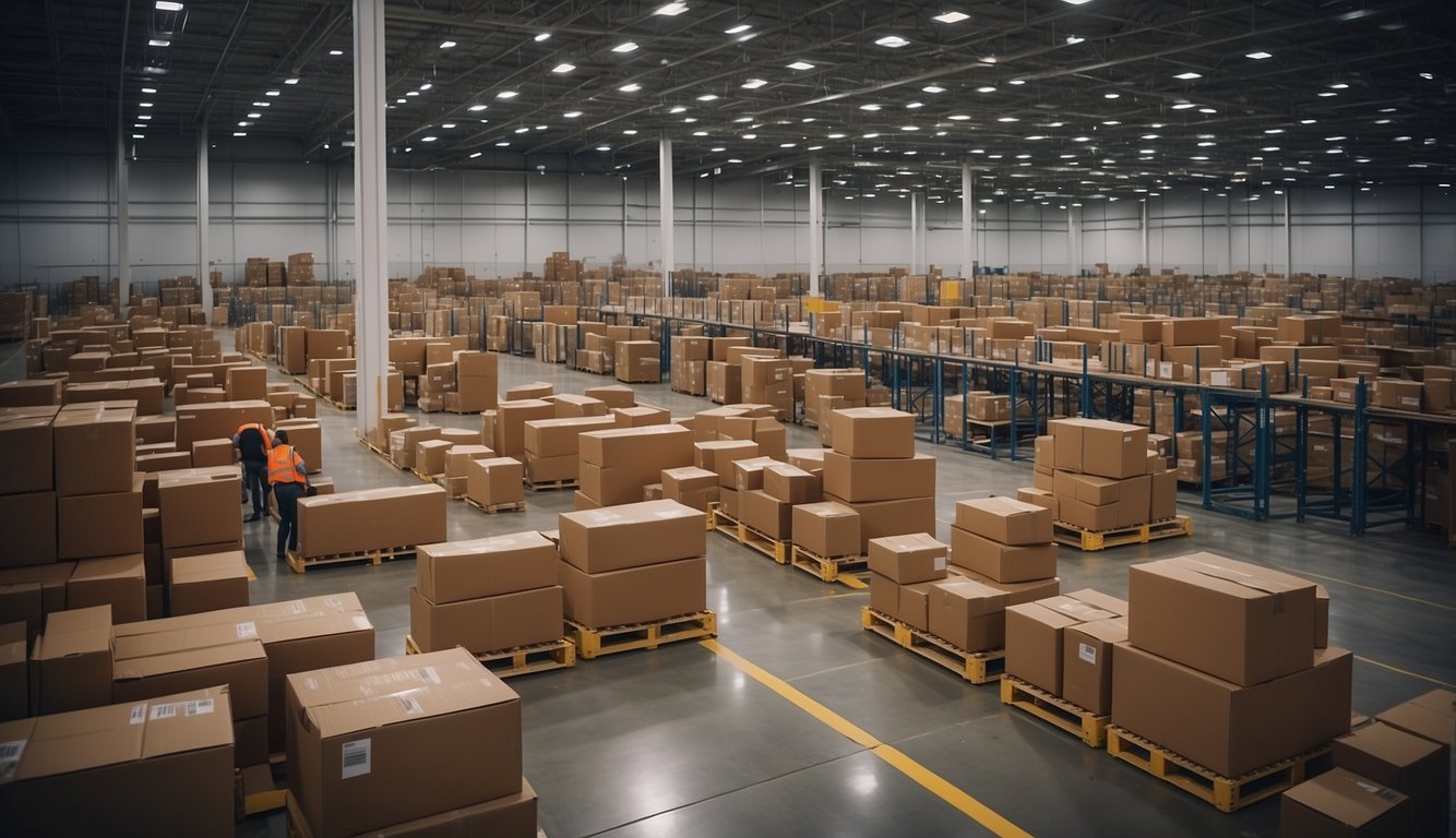 A bustling Amazon warehouse with organized shelves, efficient workers, and streamlined packaging processes