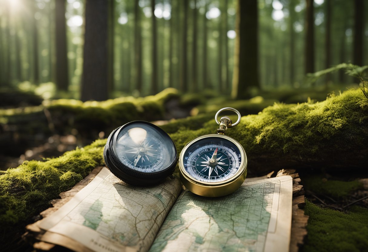 A compass and map lay on a moss-covered log in a dense forest. A backpack and hiking boots sit nearby, surrounded by towering trees and tangled undergrowth