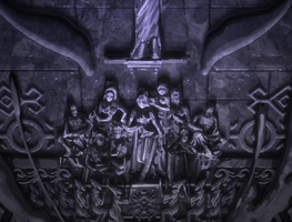 An Op̄tr wall mural; an intricate relief inside a giant temple; depicting a moment in their history 