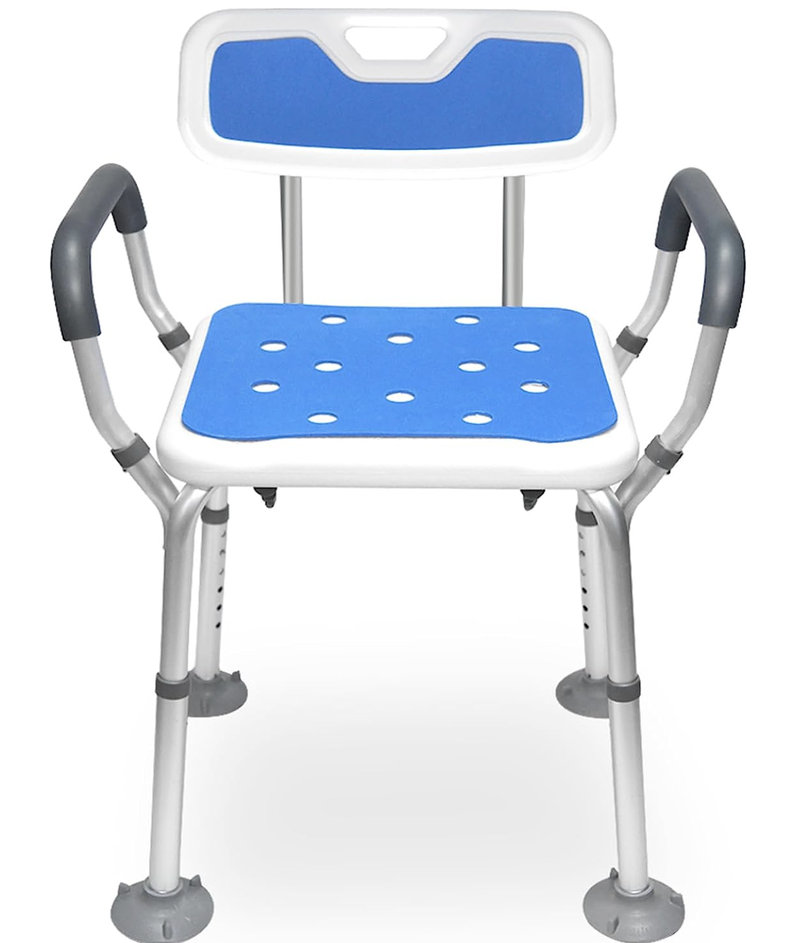 a white and blue bath chair with handles