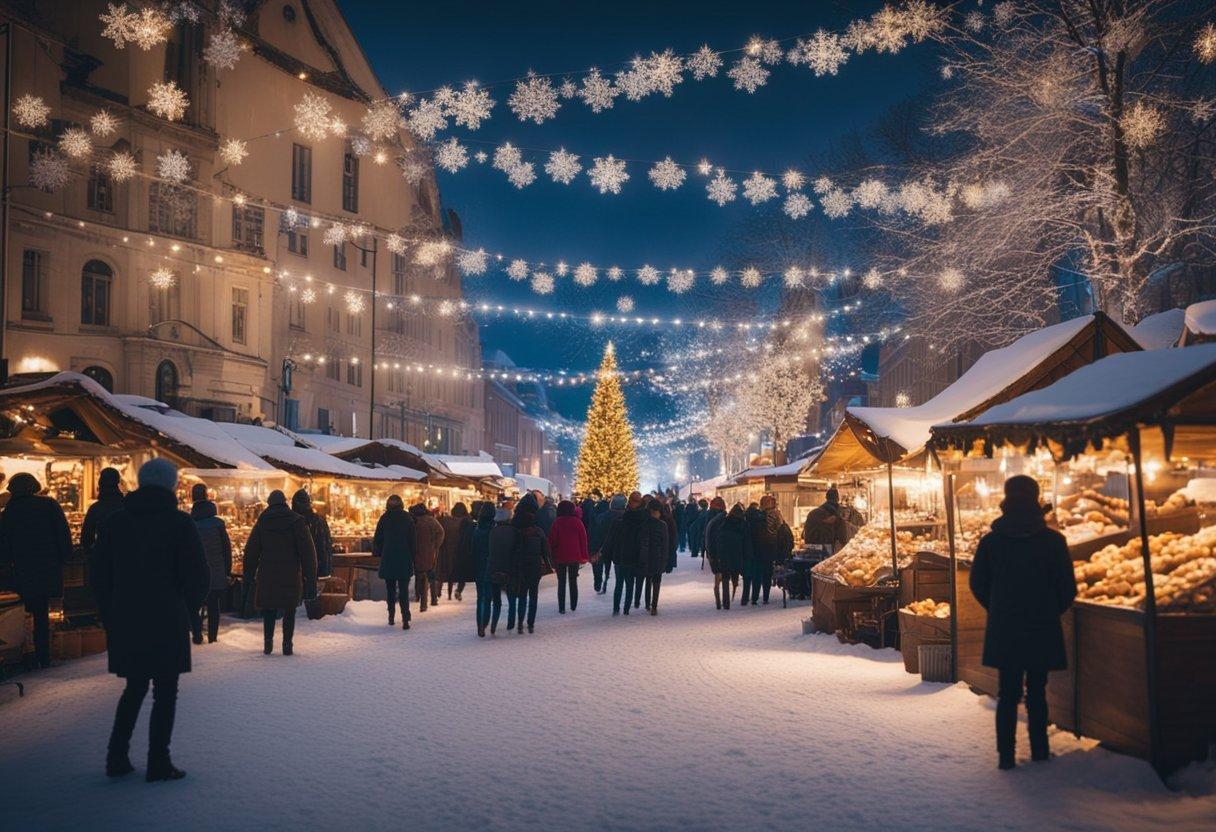 A crowd of people walking in a snowy area with a christmas tree

Description automatically generated