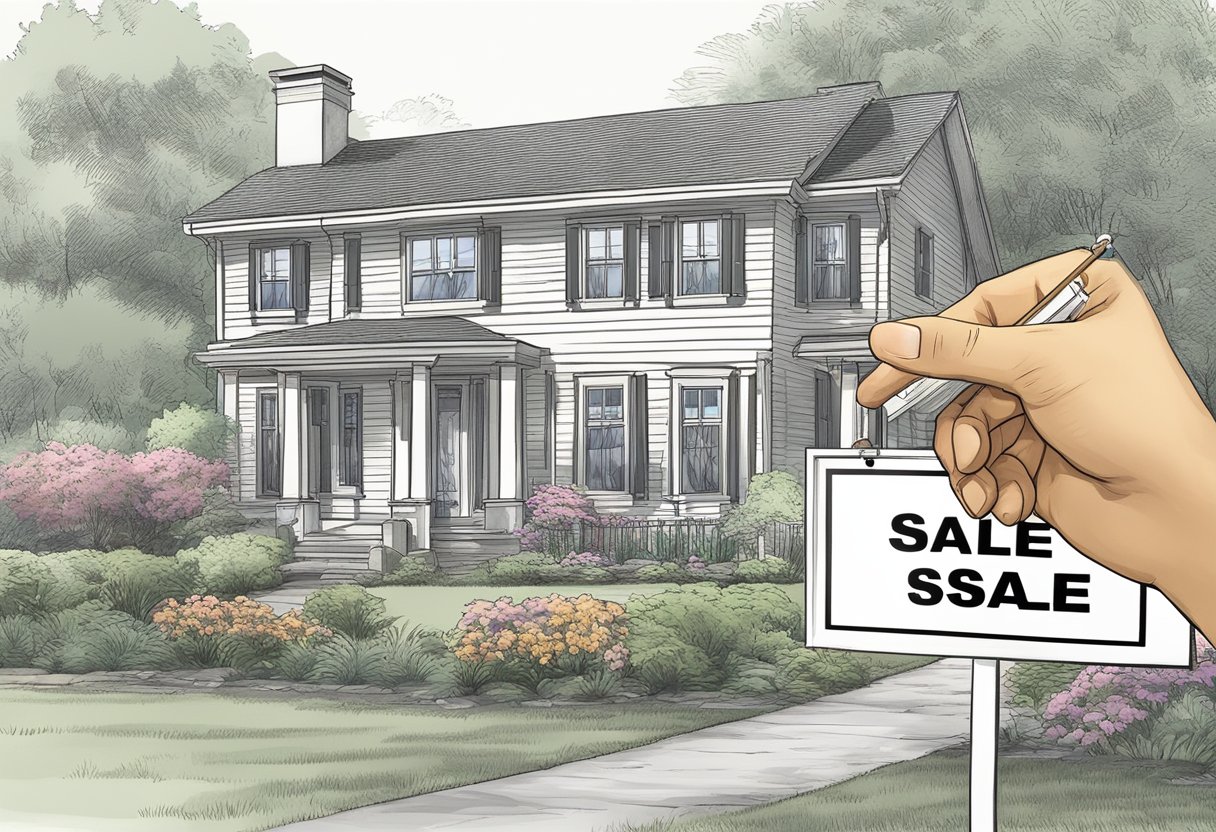 A homeowner's hand holding a "For Sale" sign while receiving multiple offers and negotiating a stress-free sale of their house as-is