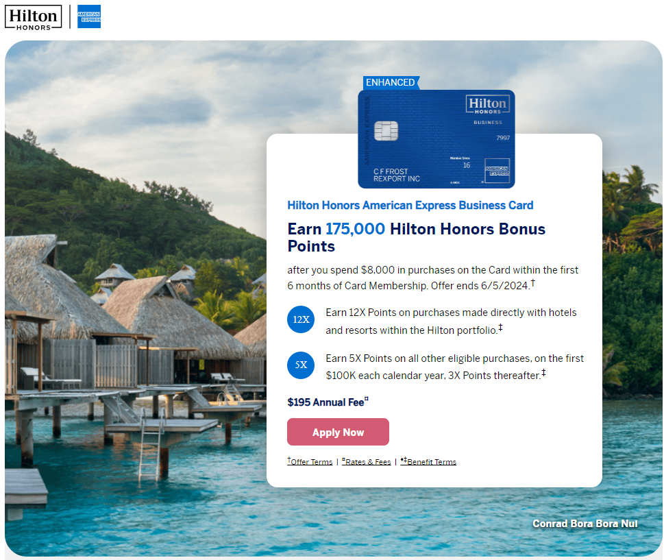Promotional offer for the Hilton Honors American Express Business Card