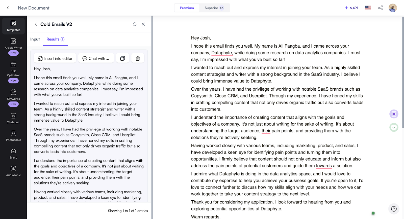 An example of Writesonic email draft
