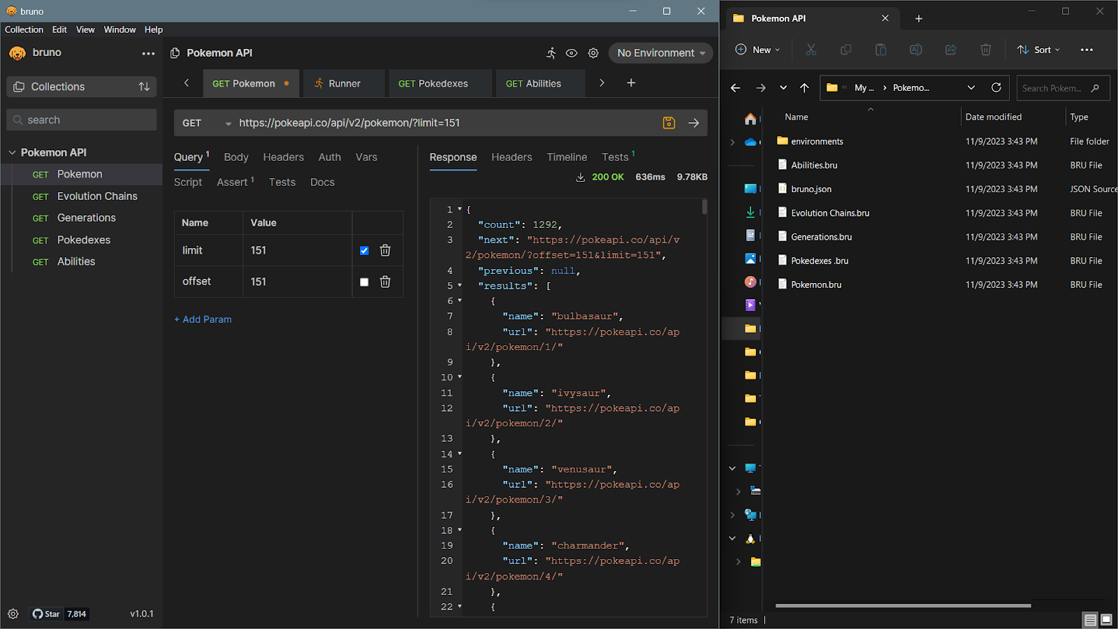 Screenshot of Bruno IDE with Pokemon API collections.