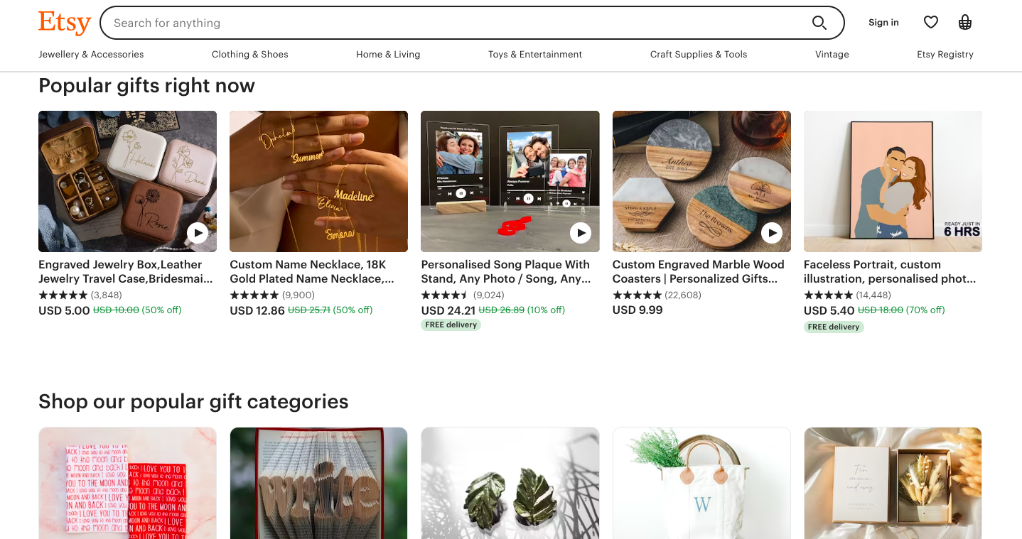 ETSY dynamic website examples