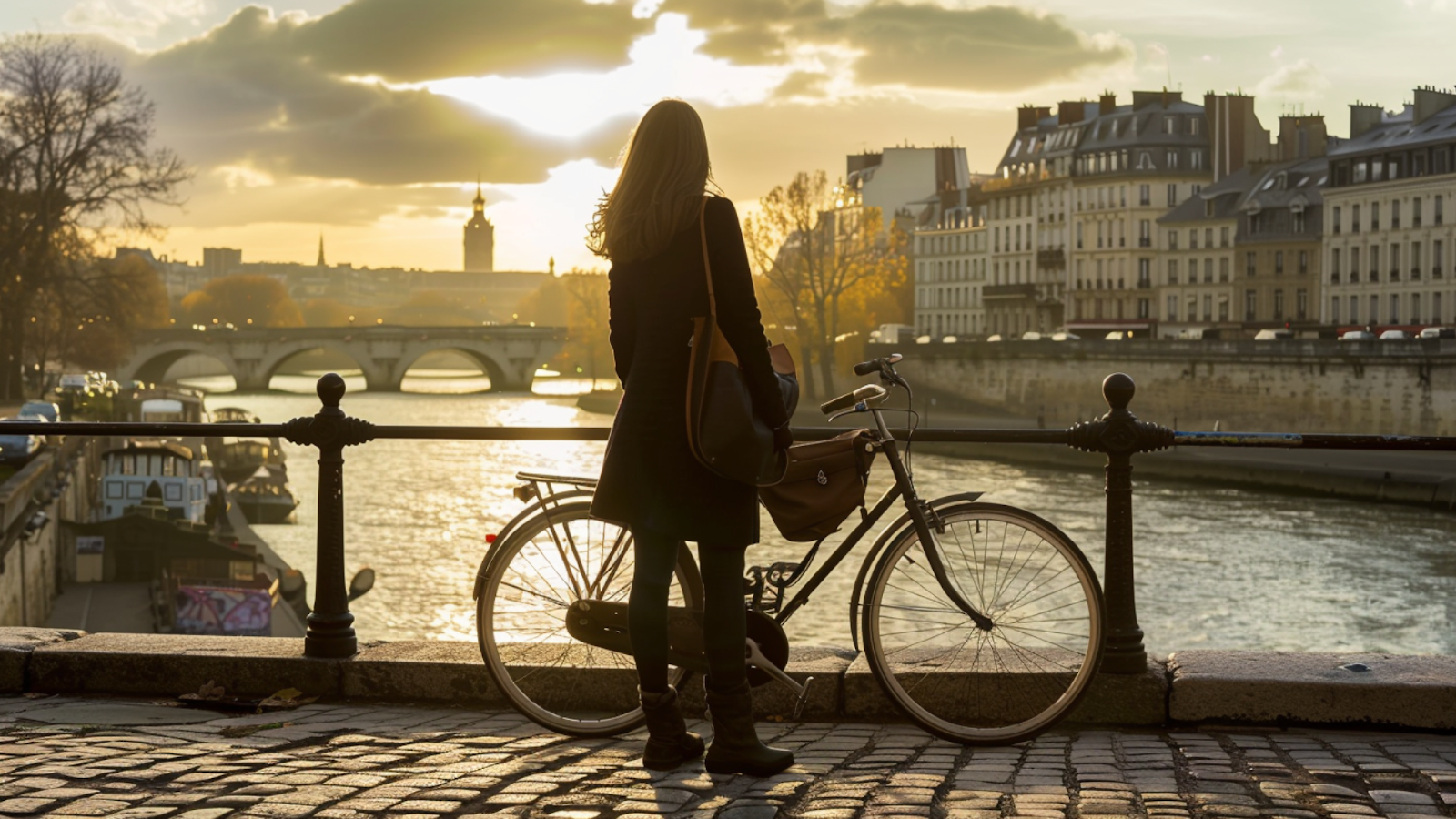 A woman standing beside her bike in Paris