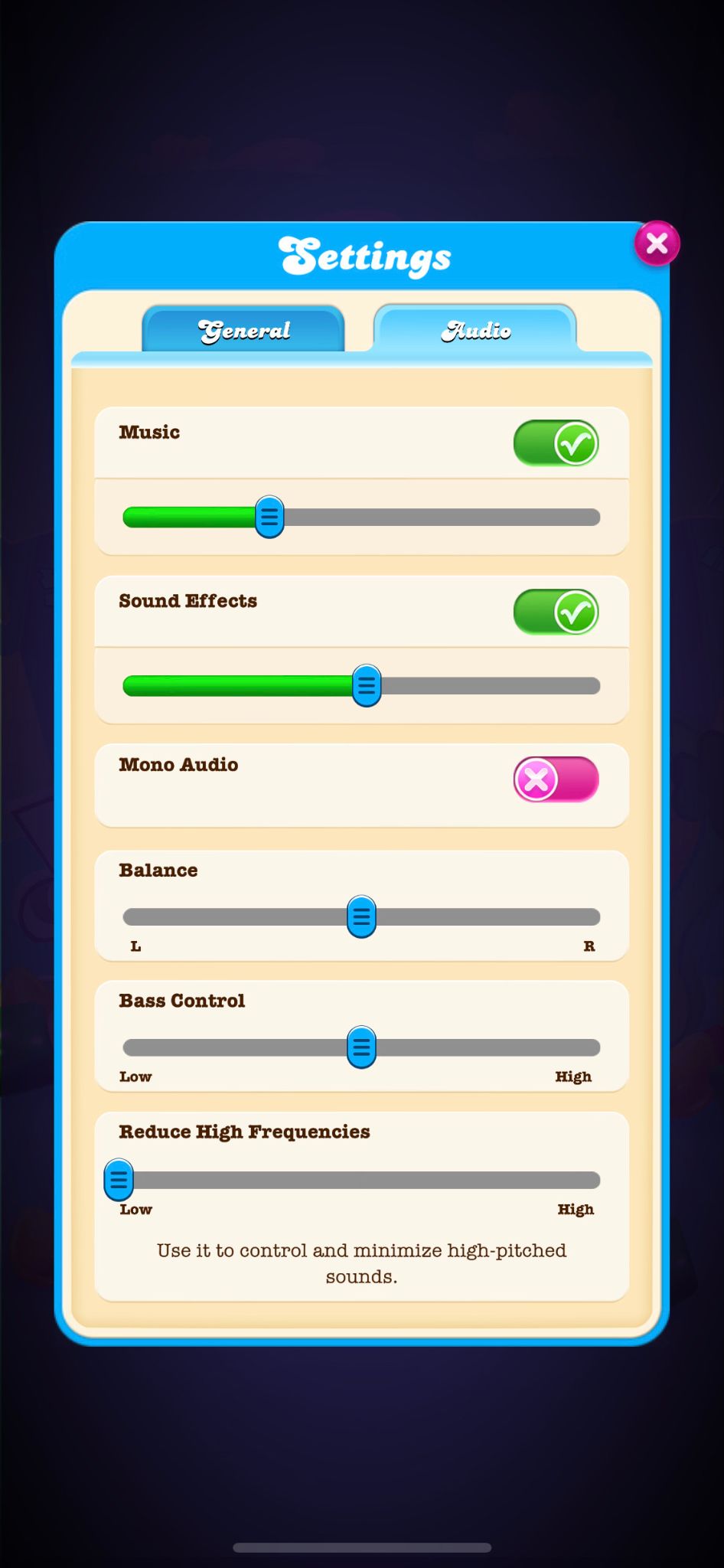 A screenshot of the Audio Accessibility Settings menu in Candy Crush Soda Saga, displaying adjustable sliders for Music, Sound Effects, Mono Audio, Balance, Bass Control, and Reduce High Frequencies.