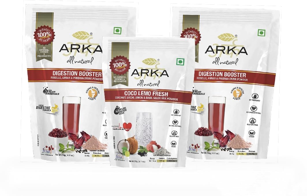 Arka All Natural Coco Lemo Fresh (230g*1) + Digestion  Booster(230g*1+100g*1) Caffeine Free Hydration Health & Nutritive Instant  Powder Drink Mix Combo (3-Pack) : Amazon.in: Grocery & Gourmet Foods