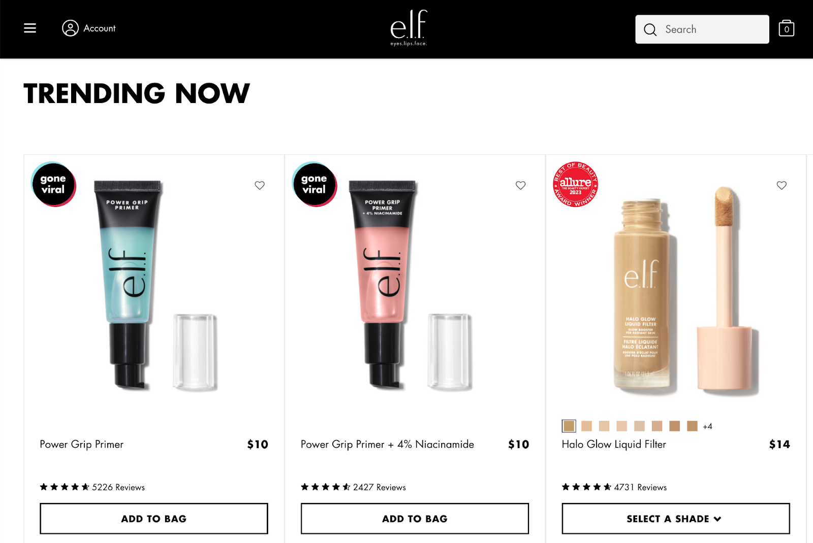 A screenshot of three products on E.l.f. Beauty's ecommerce site