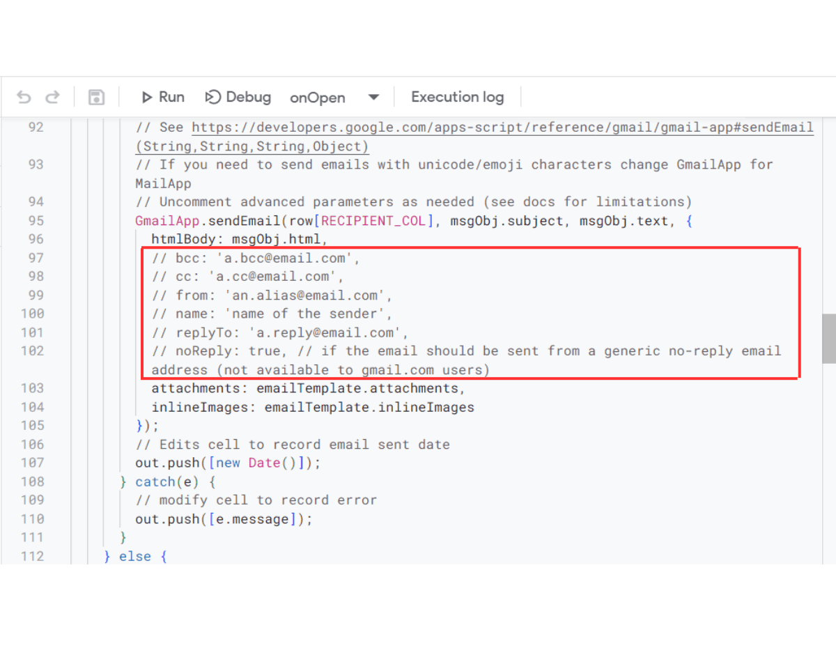 "Uncomment advanced parameters as needed” line in the App Script editor