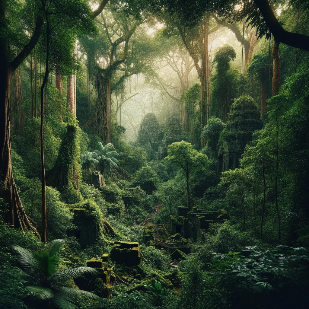 Photo of a wild and untamed jungle landscape. Towering trees with thick canopies cast shadows over the forest floor. Dense green foliage covers every inch, making it hard to navigate. Amidst this natural maze, glimpses of ancient stone ruins can be seen, hinting at a lost civilization that once thrived here.