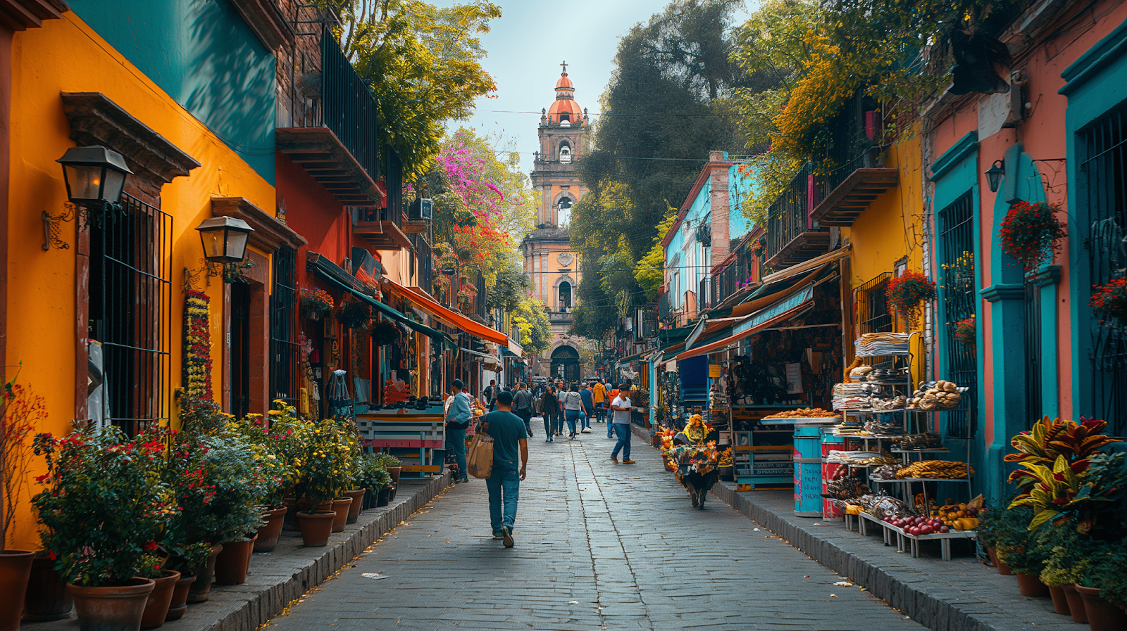 Vibrant street art and food stalls line a bustling street in Mexico City
