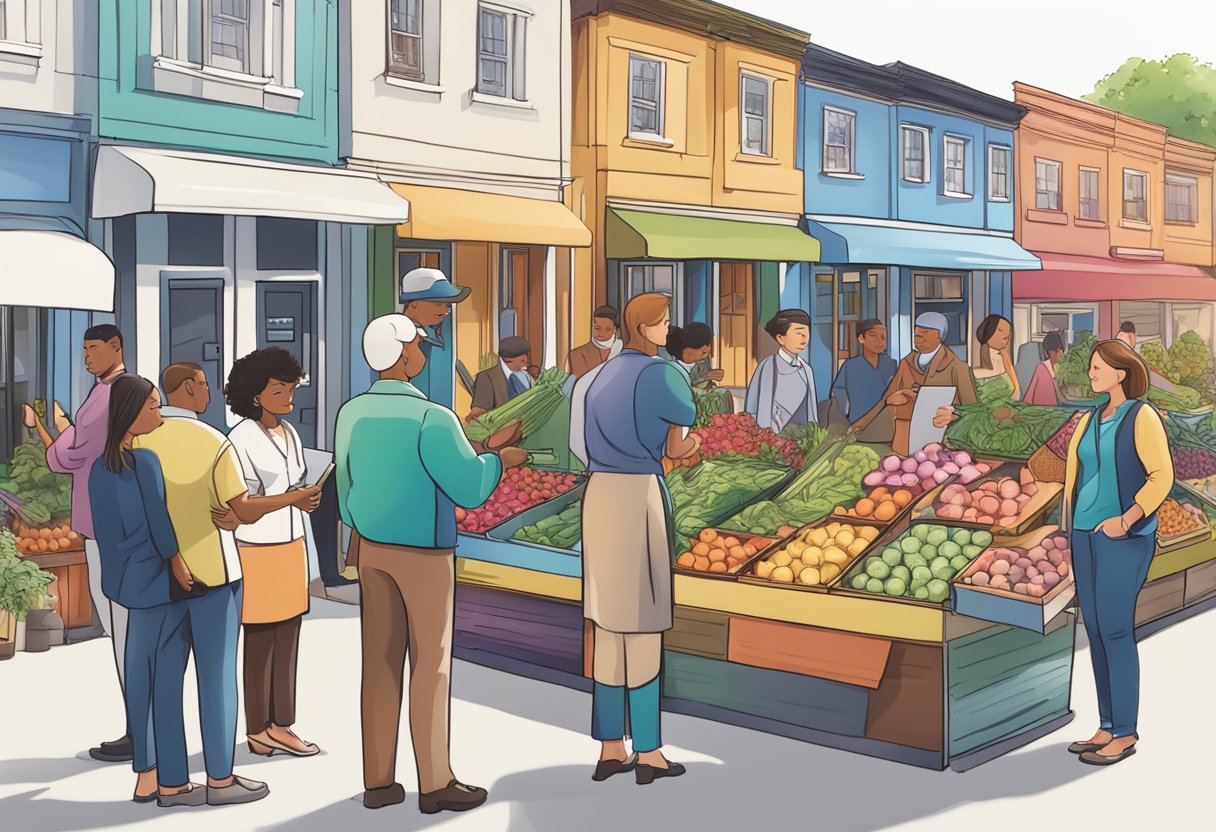 A diverse group of people browsing a vibrant market, while a sign for "Harmony Home Buyers" stands out among traditional real estate agents