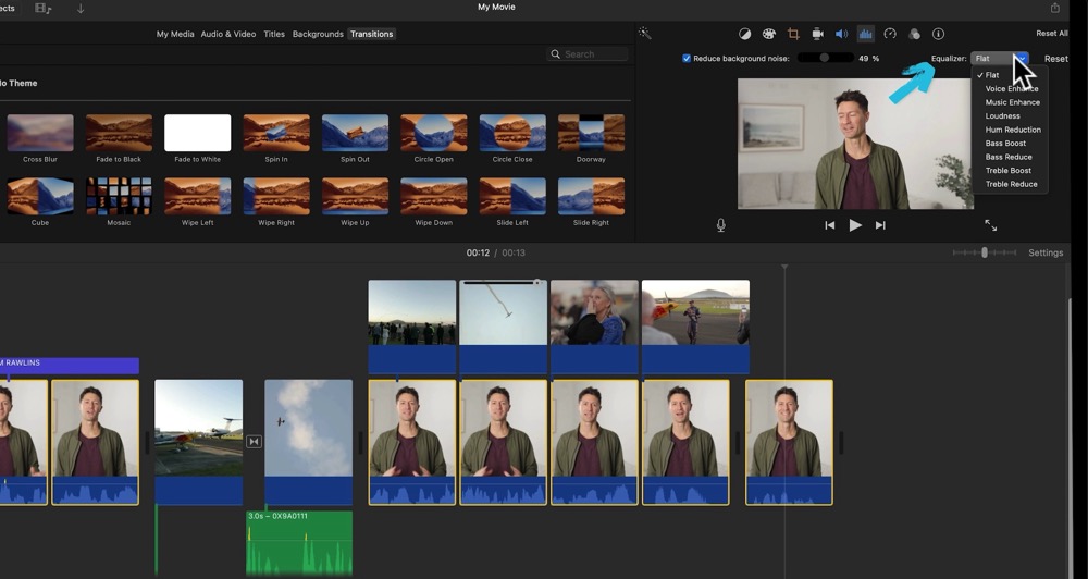 A dropdown menu with all the Equalizer options in iMovie