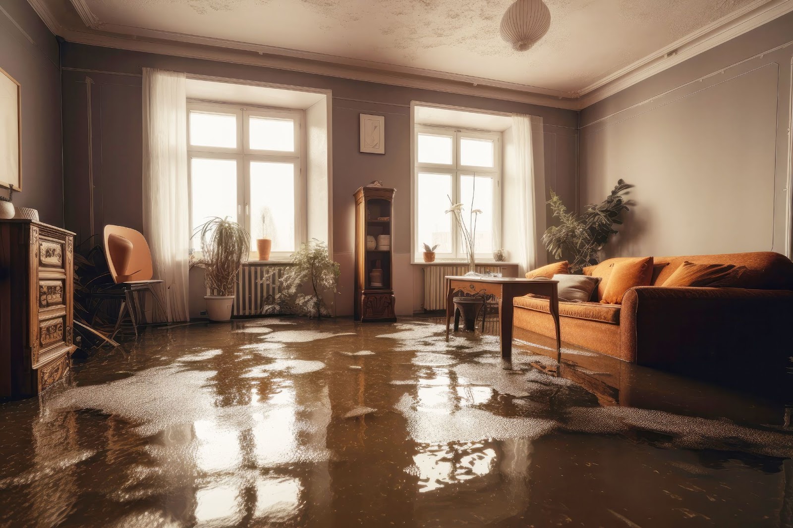 A flooded room with furniture including a couch.