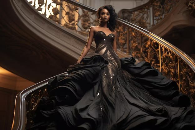 Pretty Black Girl in Gorgeous Gown Posing At Staircase