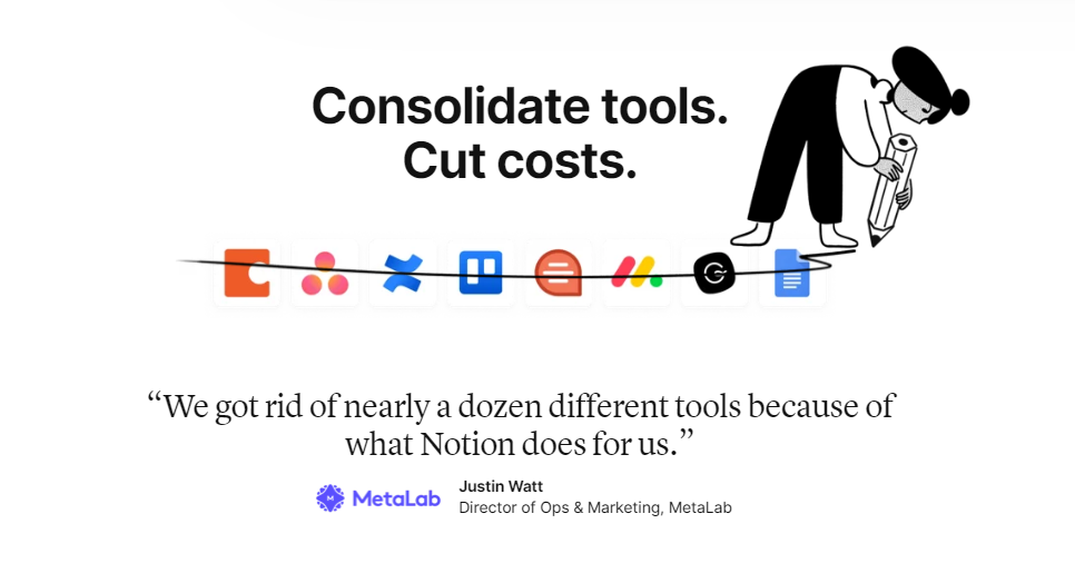 Consolidate tools. Cut costs with Notion