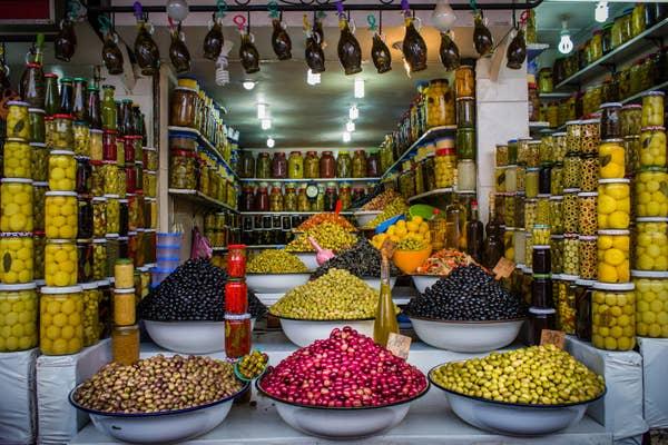 A souk selling olives in Marrakesh.