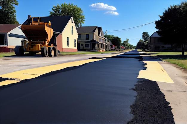 Road surface being repaved with new asphalt in residential neighborhood