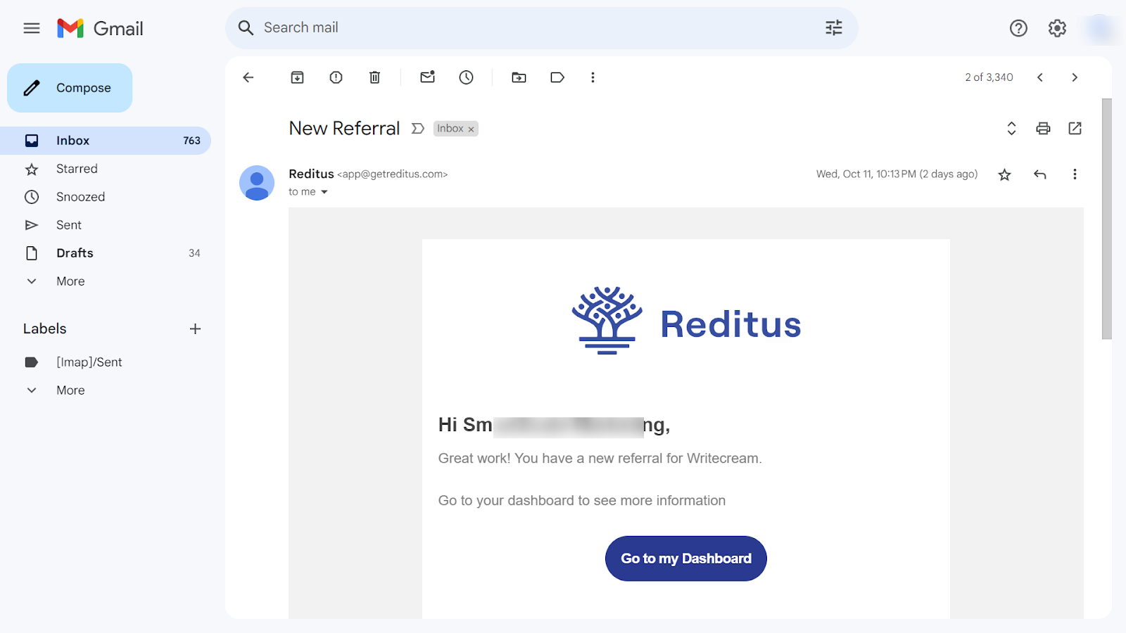 Example of an email message sent from the Reditus platform when an affiliate generates a new referral.