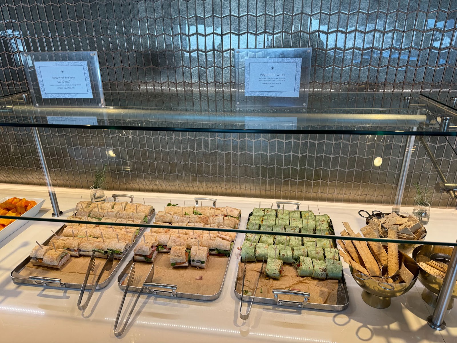 Turkey and vegetables wraps offered in the SFO Polaris lounge