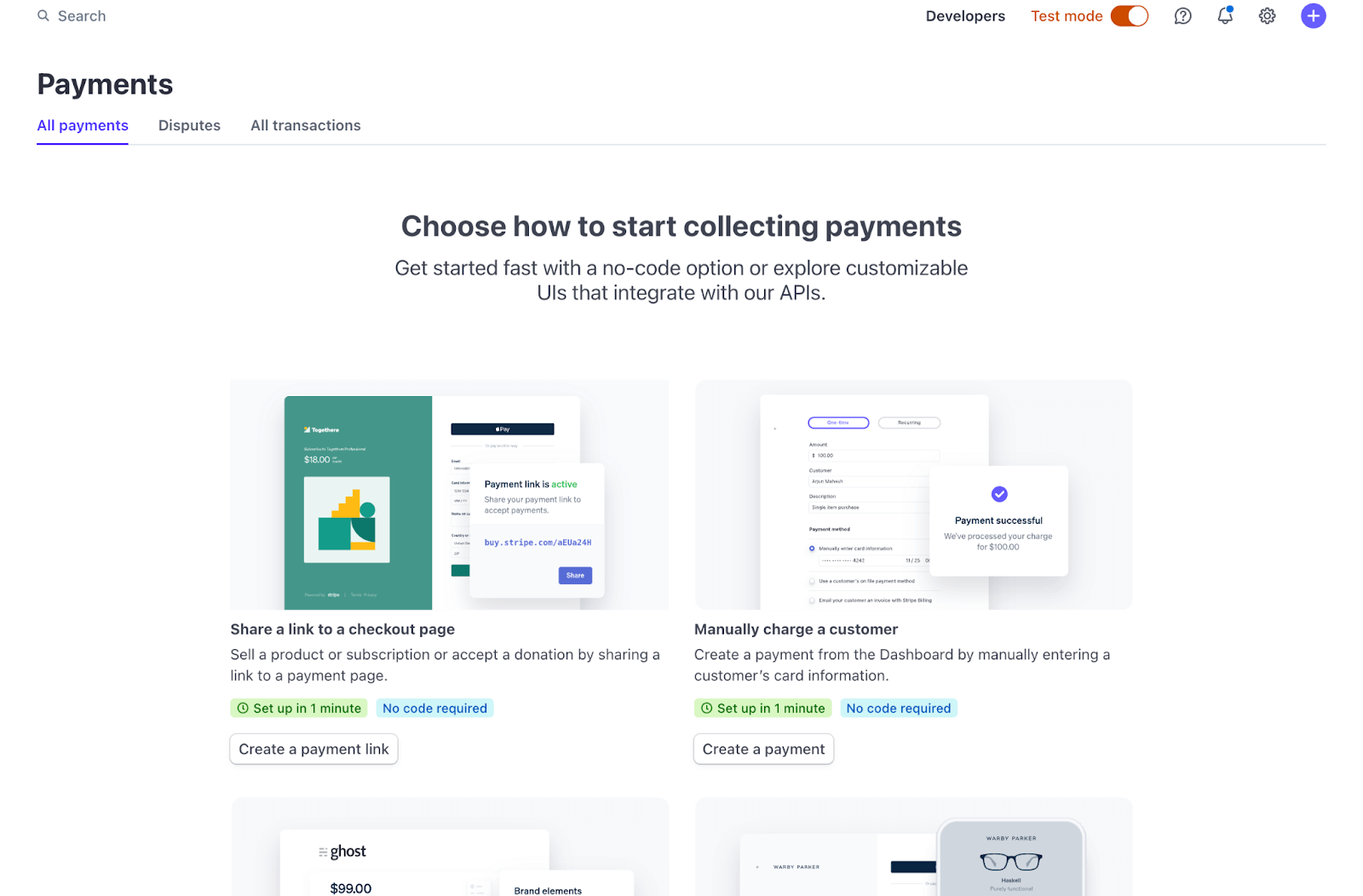 A screenshot of Stripe's "All payments" tab. There is no history so it shows links to different getting started guides.