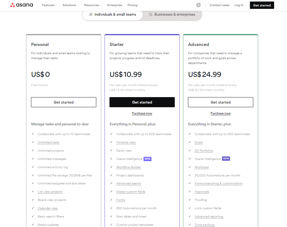 Pricing Plans for Asana