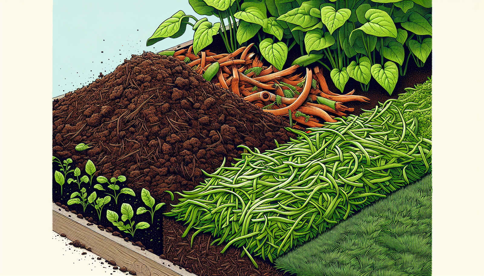 Illustration of compost and grass clippings in a garden
