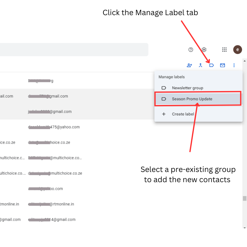 Selecting a pre-existing group to add the new contacts