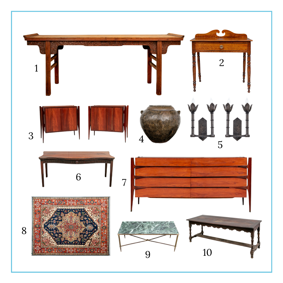 Emily's curation includes an altar table, a maple desk, a pair of mid century teak stands, a ceramic water jar, a pair of bronze wall sconces, an antique mahogany serving table, a mid century cabinet, a wool area rug, an antique cocktail table and a rustic oak console table.
