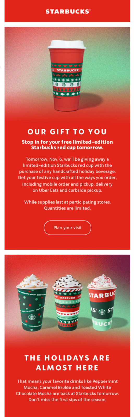 Esempio di email marketing natalizio Starbucks (regali e gadget in tema)