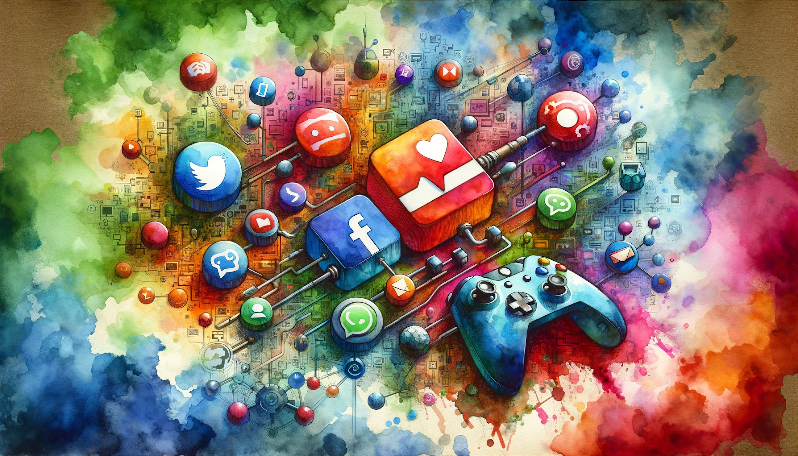 a collage featuring social media icons, gaming forums, and in-game chat bubbles, symbolizing the diverse platforms used for establishing a gaming community