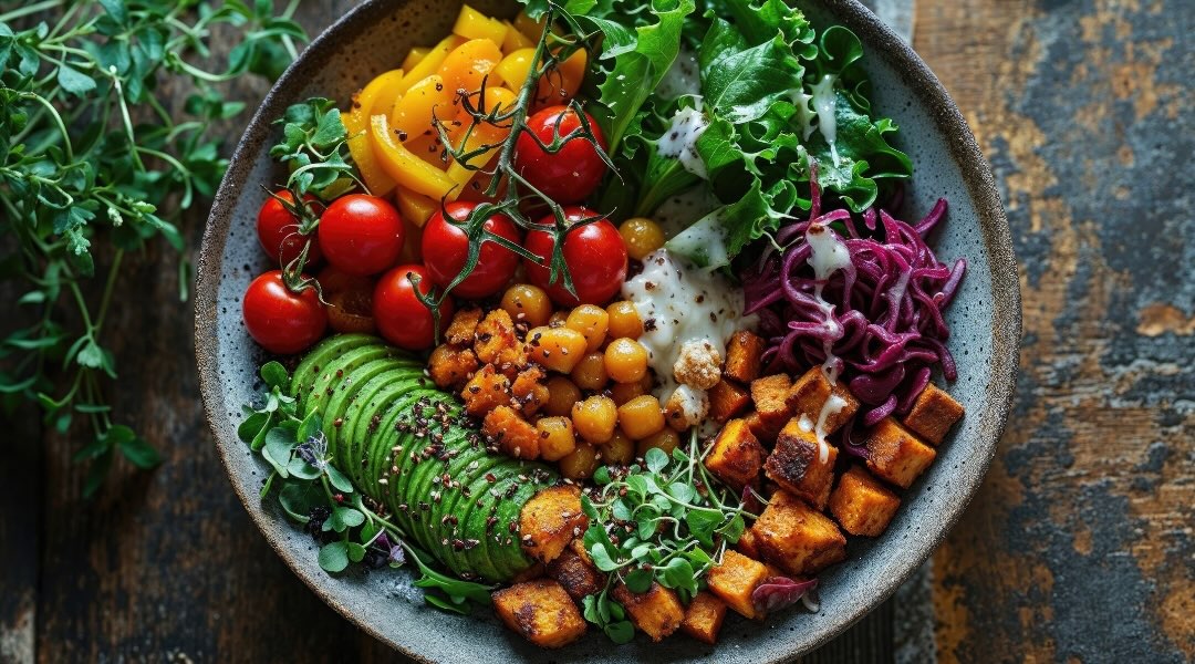 Buddha bowl with avocados, tomatoes, yellow bell pepper, kale, red cabbage, tofu, and chickpeas in a gray bowl