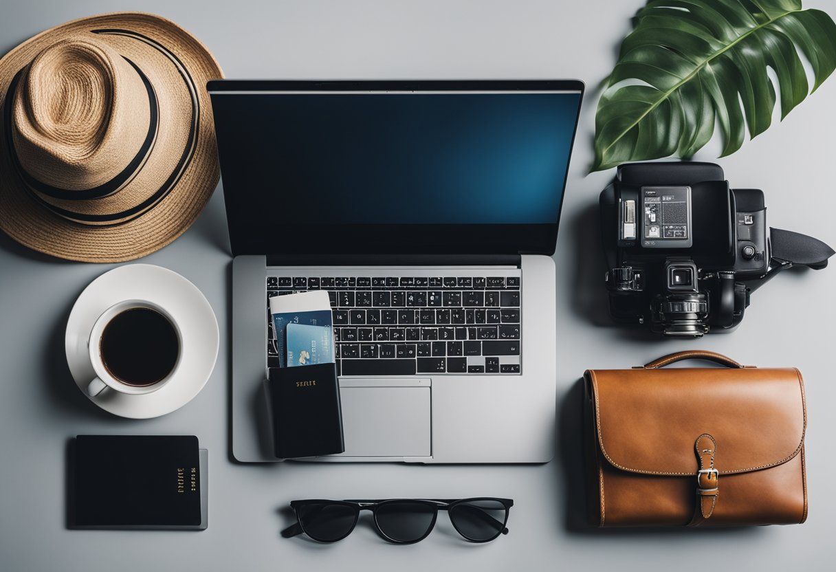 A desk with a laptop, passport, and travel guide. A calendar showing the current date. A suitcase half-packed with clothes and toiletries