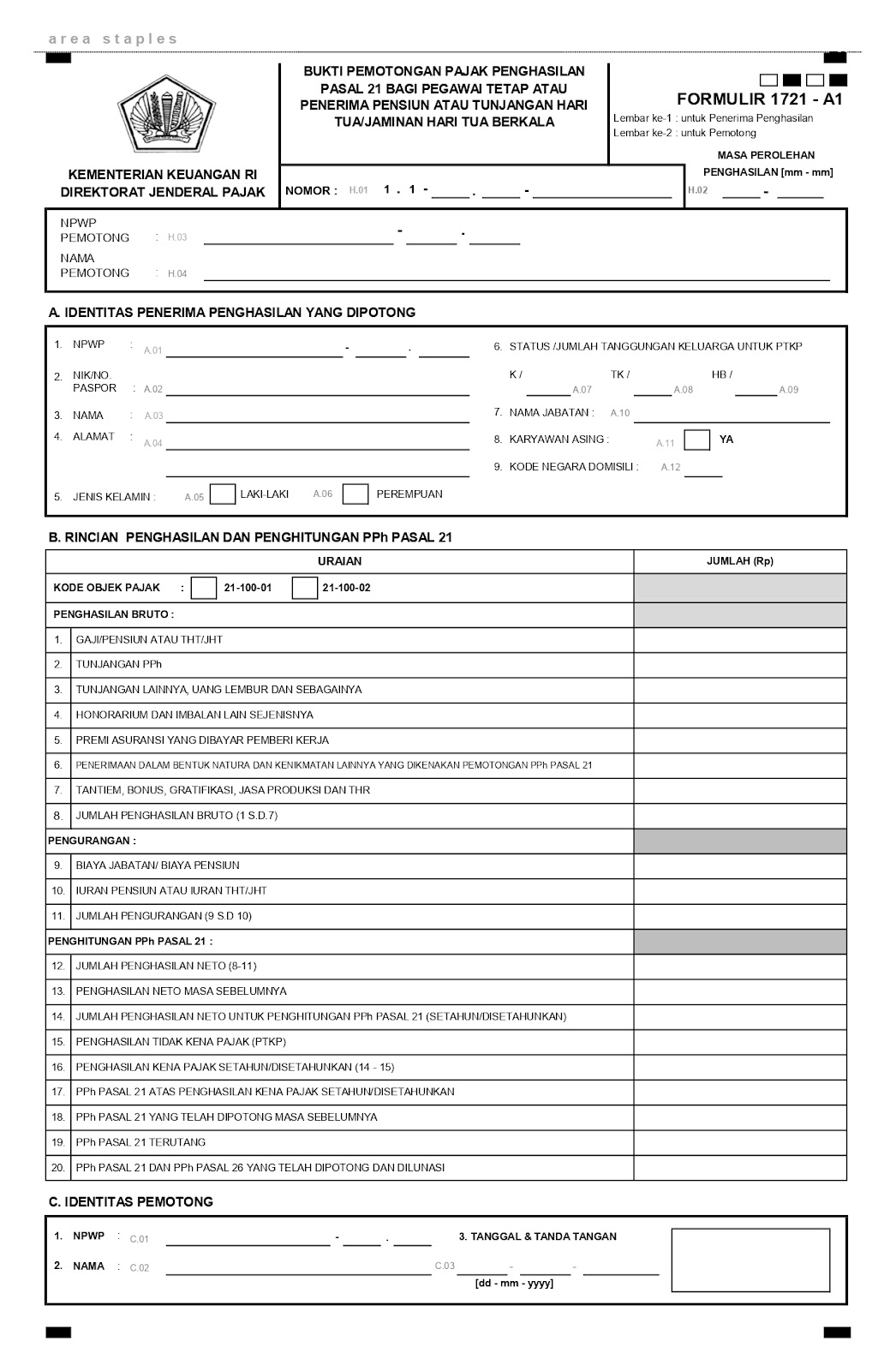 bukti potong pph 21 formulir 1721 A1