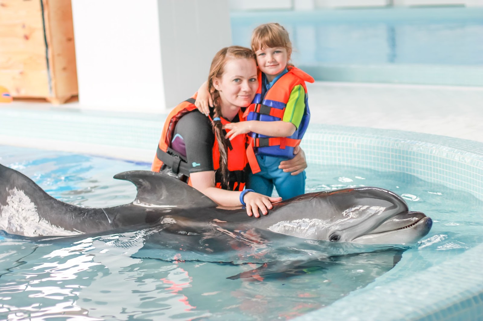 An image of a mother with her daughter in a dolphinarium playing with a friendly dolphin.