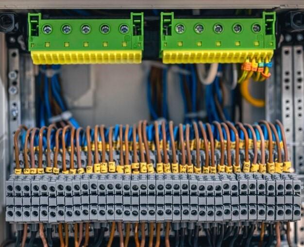 Electrical panel with fuses and contactors closeup