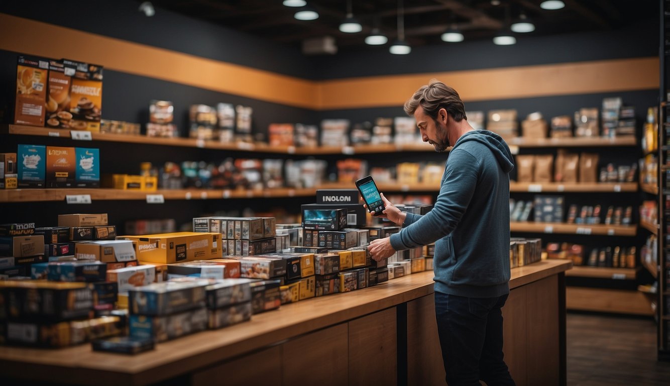 A customer browsing a variety of products on Amazon, from awareness to purchase, guided by targeted ads and personalized recommendations