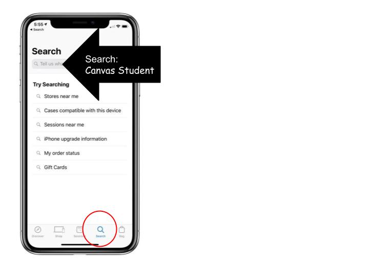 Image of smartphone screen in app store highlighting the search button and search bar with search term "Canvas student"
