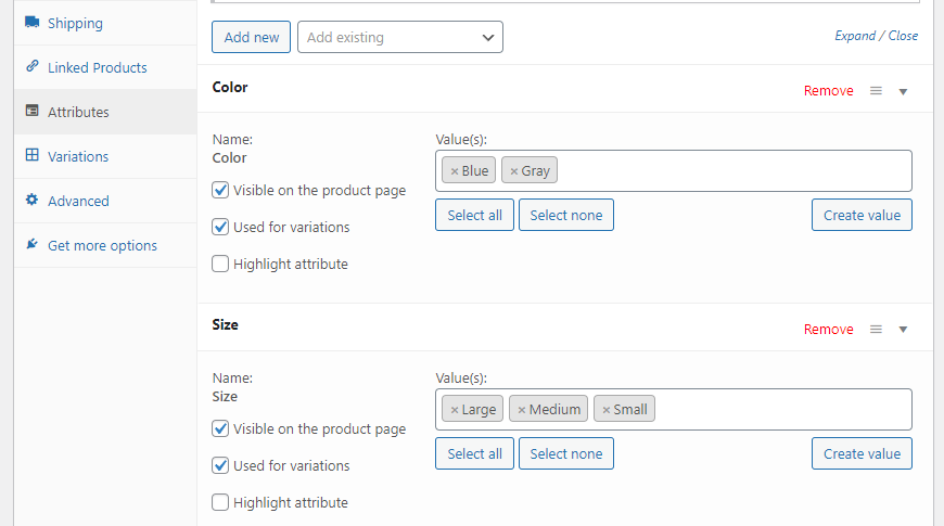 attributes on variable product