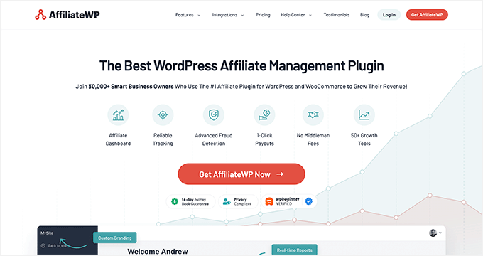 An example of an affiliate management WordPress plugin called AffiliateWP. 